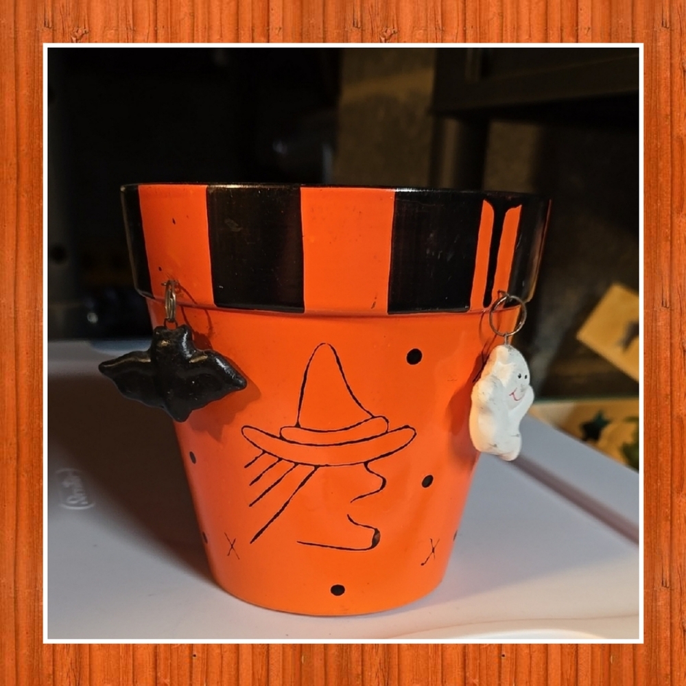 Halloween Orange Witch Planter Pot